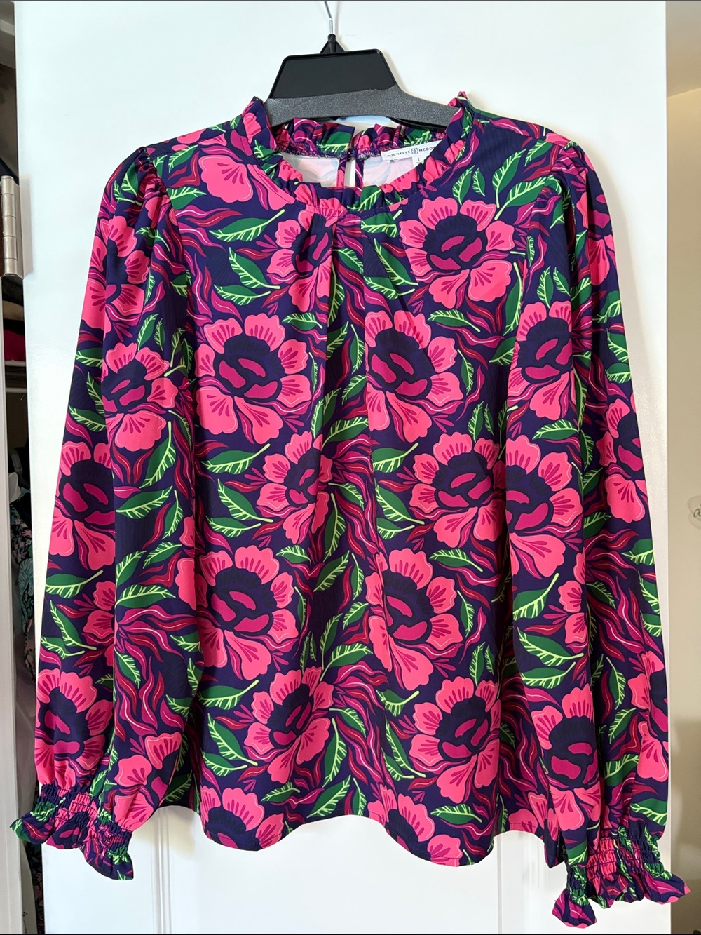 Pink Floral Long-Sleeve Blouse with Ruffled Neckline